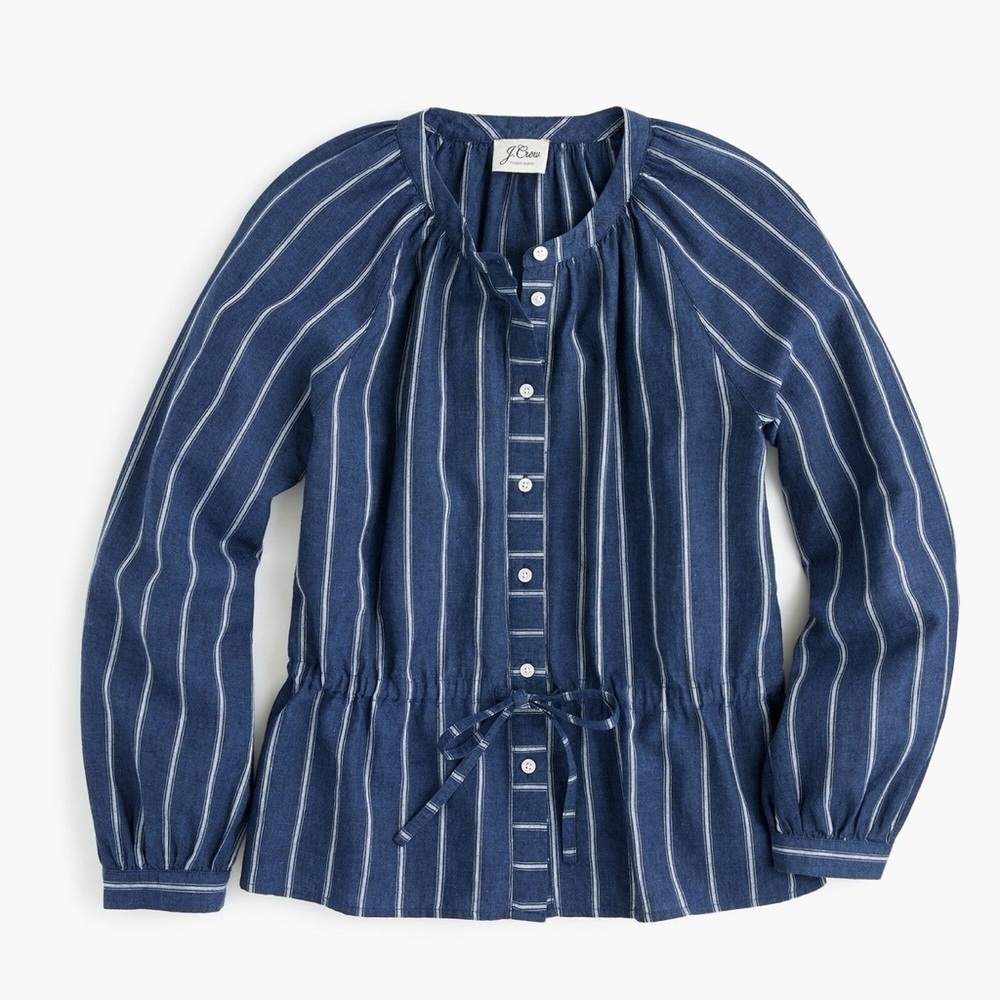 J. Crew NWT Tie Waist Blouse in Indigo Gauze Stripe